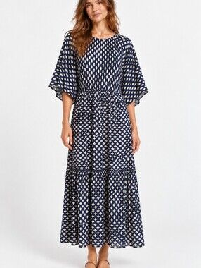 Christy Dawn Navy tiered Midi Dress Cottagecore Prairie Size XS USA guest Modest